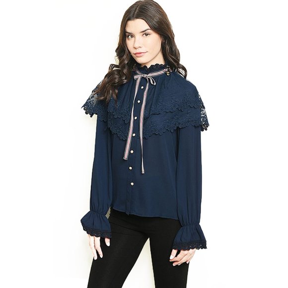 Victorian Crochet Lace Ribbon Bumblebee Pin Blouse - Picture 2 of 8